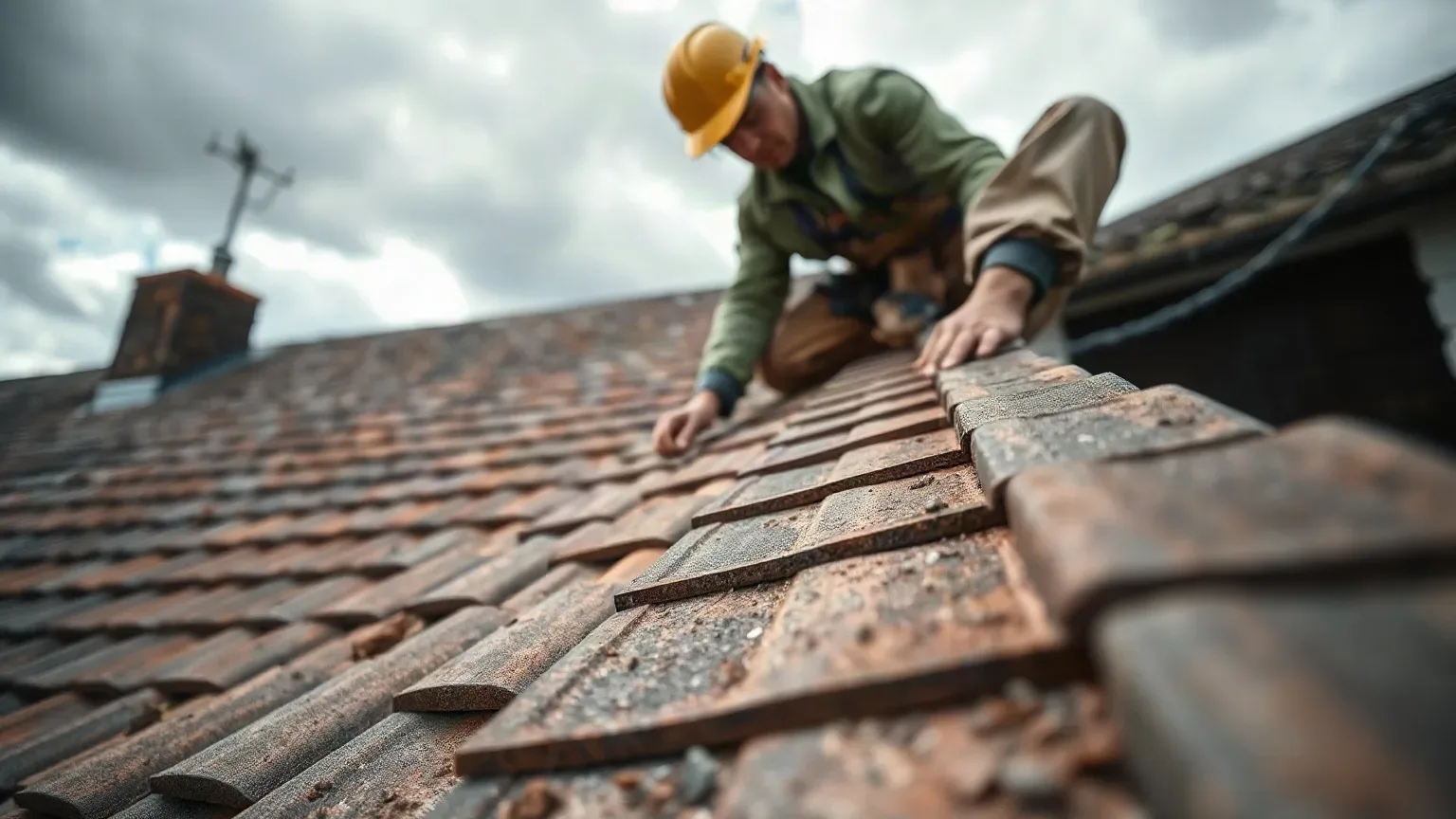 A worker in a yellow hard hat and green jacket crouches on a pitched tiled roof, inspecting and adjusting worn clay roof tiles on an overcast day