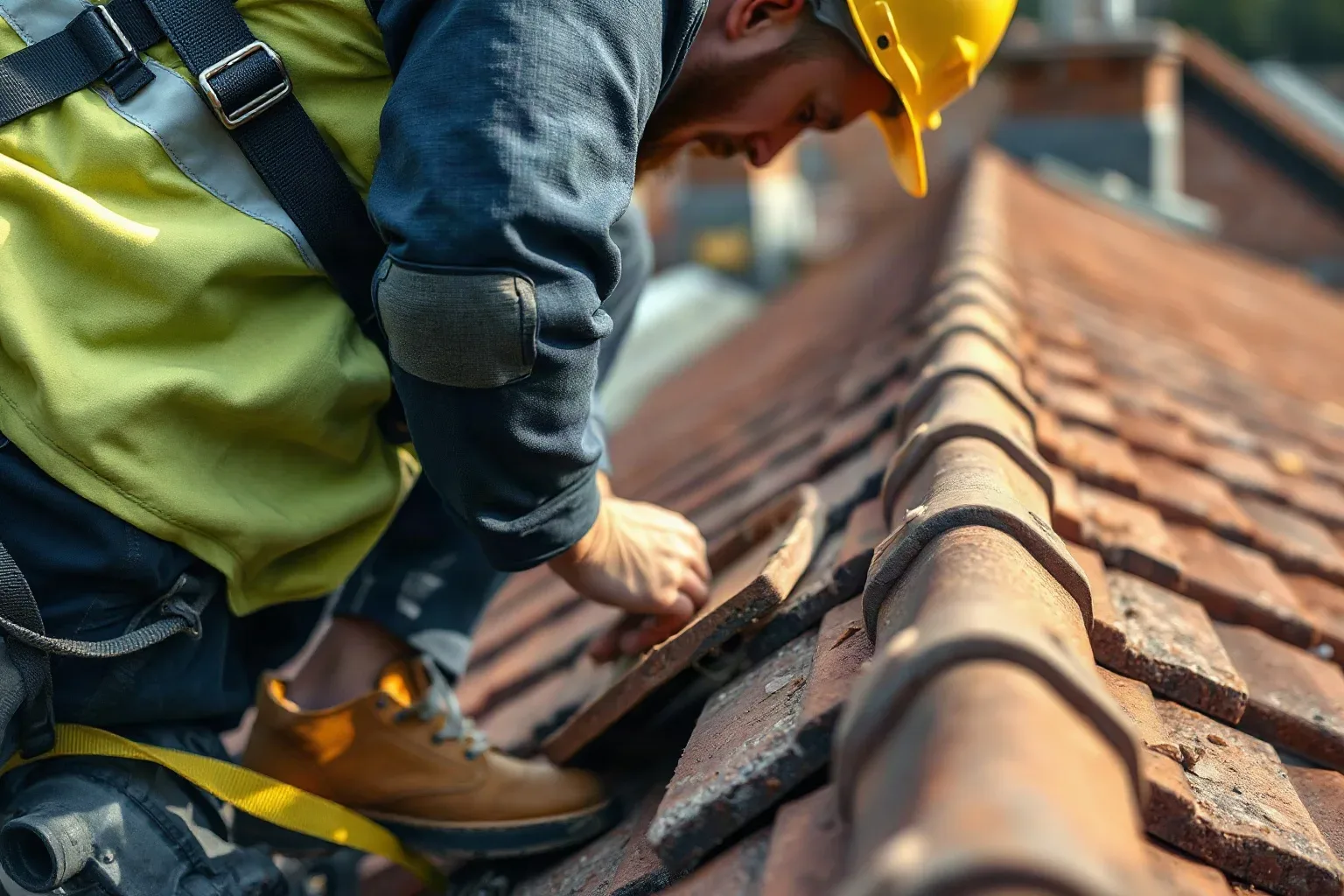 A roofer in workwear crouching at the ridge of a pitched residential roof and examining the mortar bedding beneath a loosened clay ridge tile while a safety harness strap is visible across their shoulder.