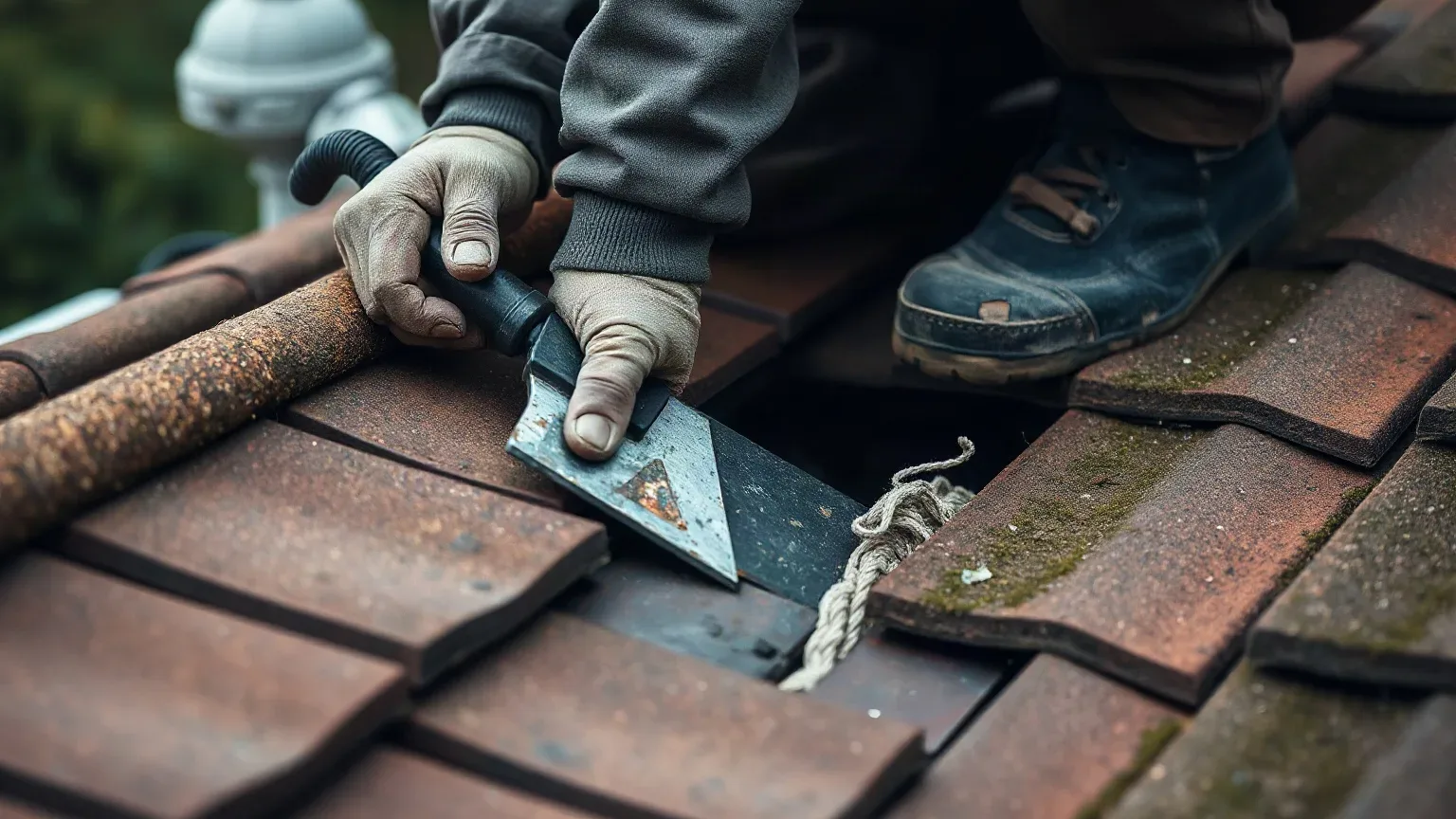 A roofer in full workwear crouching on a pitched residential roof and using a slate ripper tool to ease out a damaged clay tile from a course while exposing the roofing felt underlayment beneath the surrounding tiles on a dull overcast afternoon.
