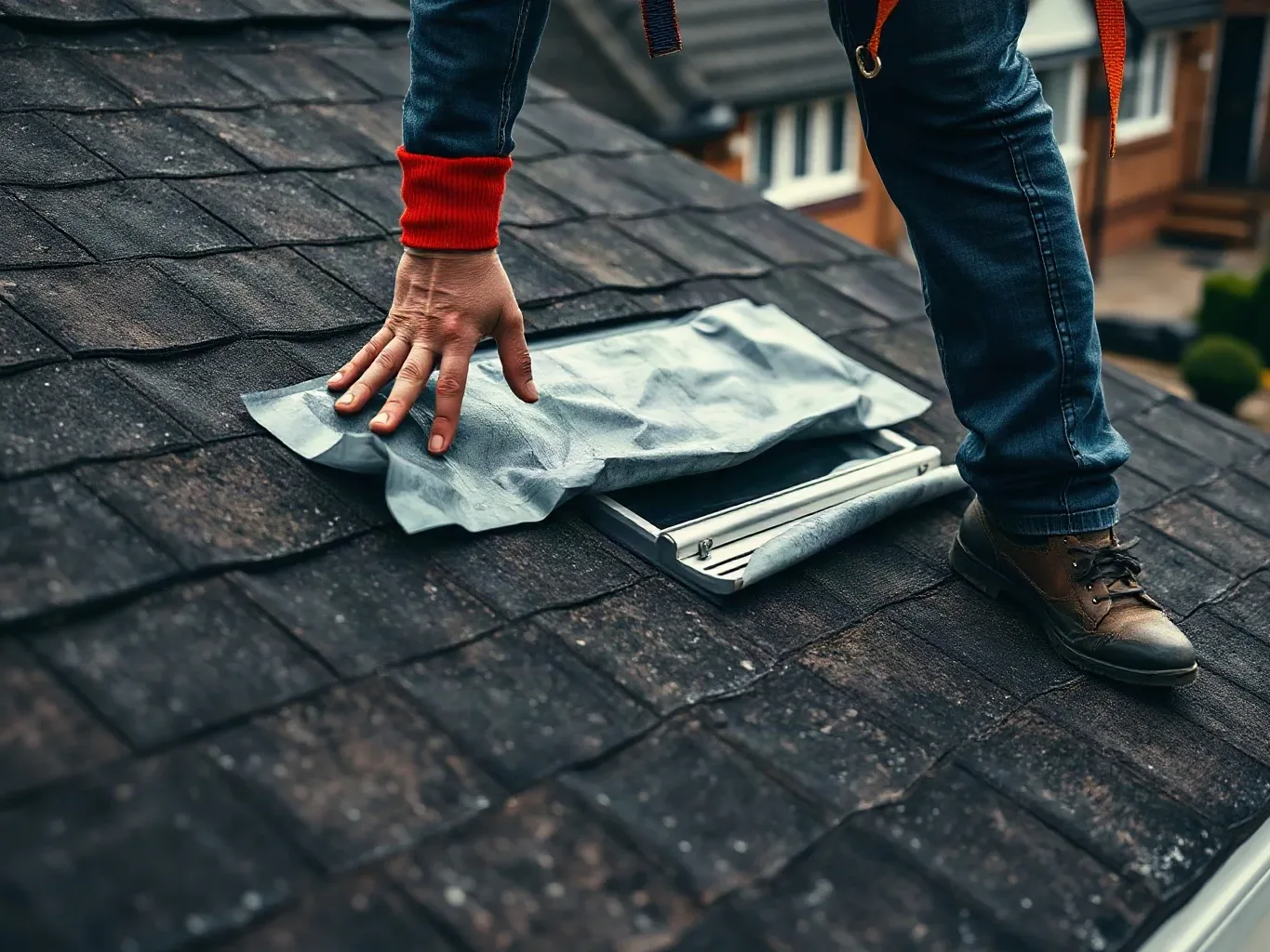 A person in work gear and a safety harness crouches on a dark asphalt-shingle roof, pressing down a sheet of metallic flashing beside an open roof hatch