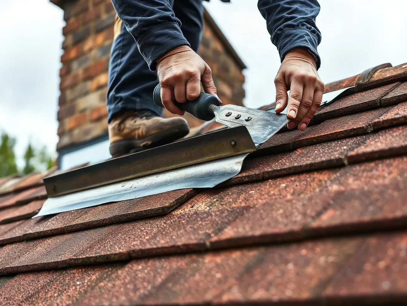 A roofer in full workwear applying fresh lead flashing around the base of a chimney stack on a pitched residential roof, smoothing the metal strip firmly against the masonry with a roofing trowel.