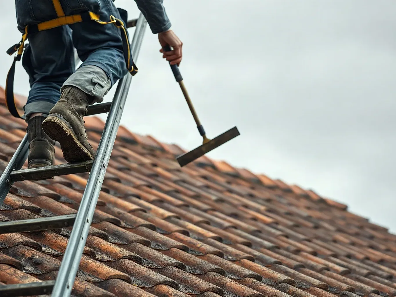 A roofer in a safety harness descending a ladder from a pitched residential roof carrying a metal roofing trowel after completing an inspection of clay tiles on an overcast afternoon.