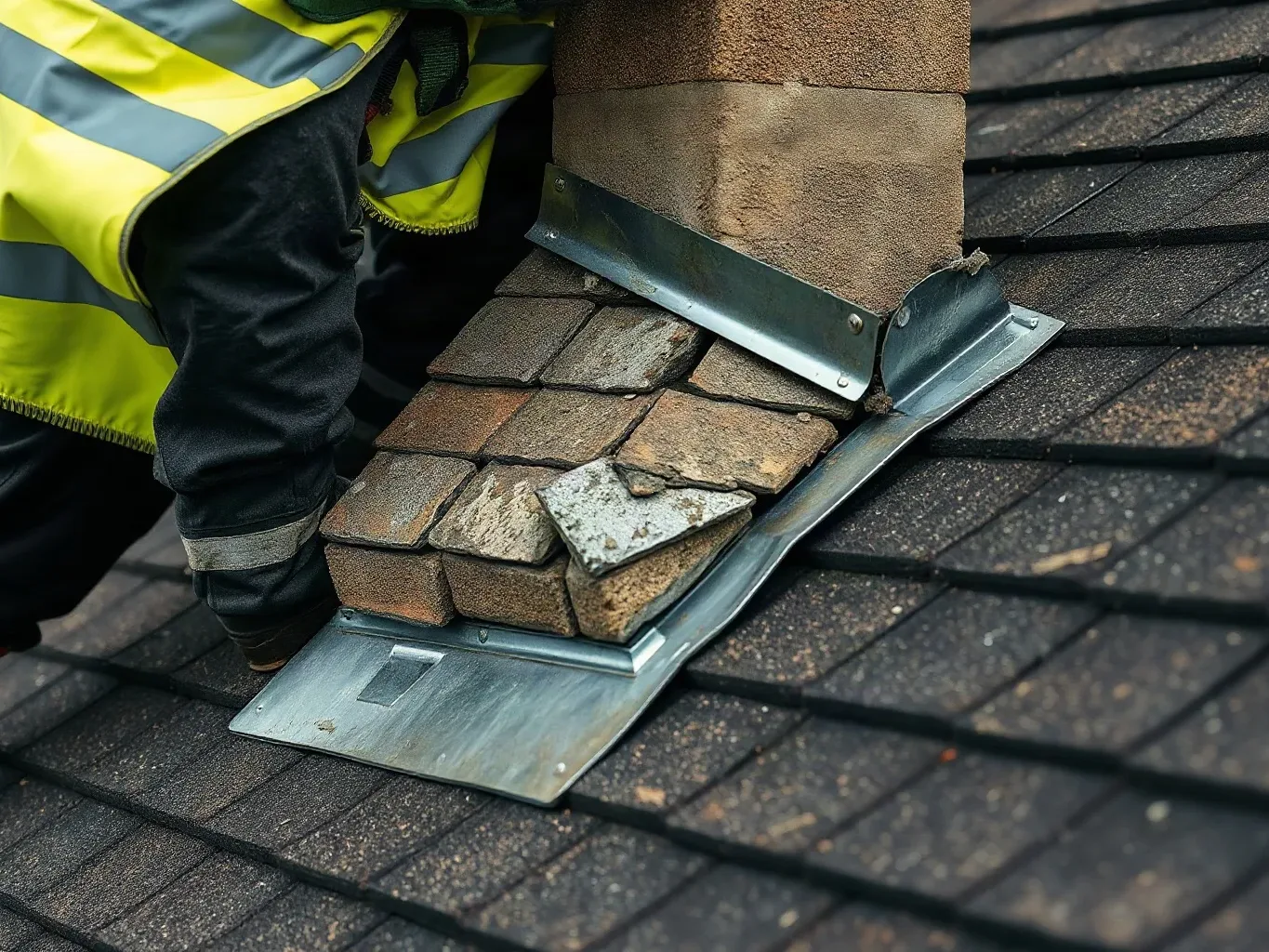 A worker in a high-visibility jacket crouches on an asphalt-shingle roof beside a brick chimney stack fitted with metal lead flashing