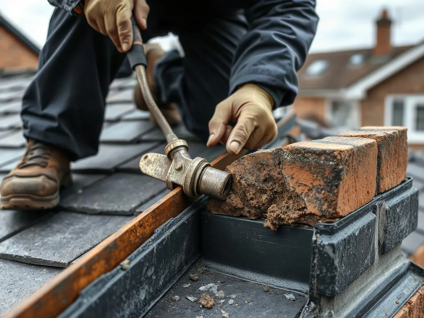 A person crouches on a pitched slate roof, using a metal tool to work on lead flashing around a brick chimney stack
