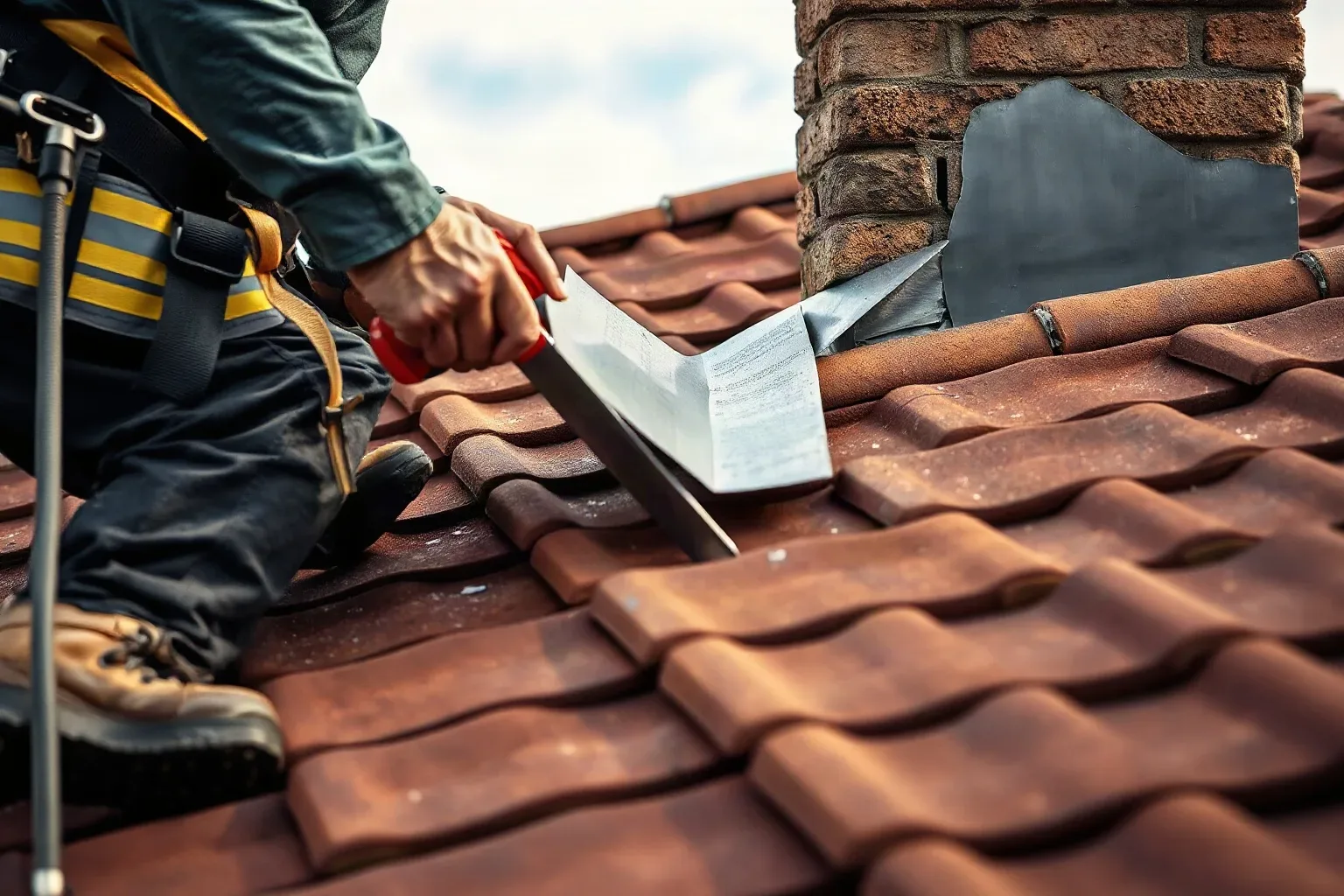 A roofer in a safety harness carefully cutting a length of lead flashing sheet to the correct step profile using hand tools on a pitched residential roof while the chimney stack face and clay tile course are visible beside the work.