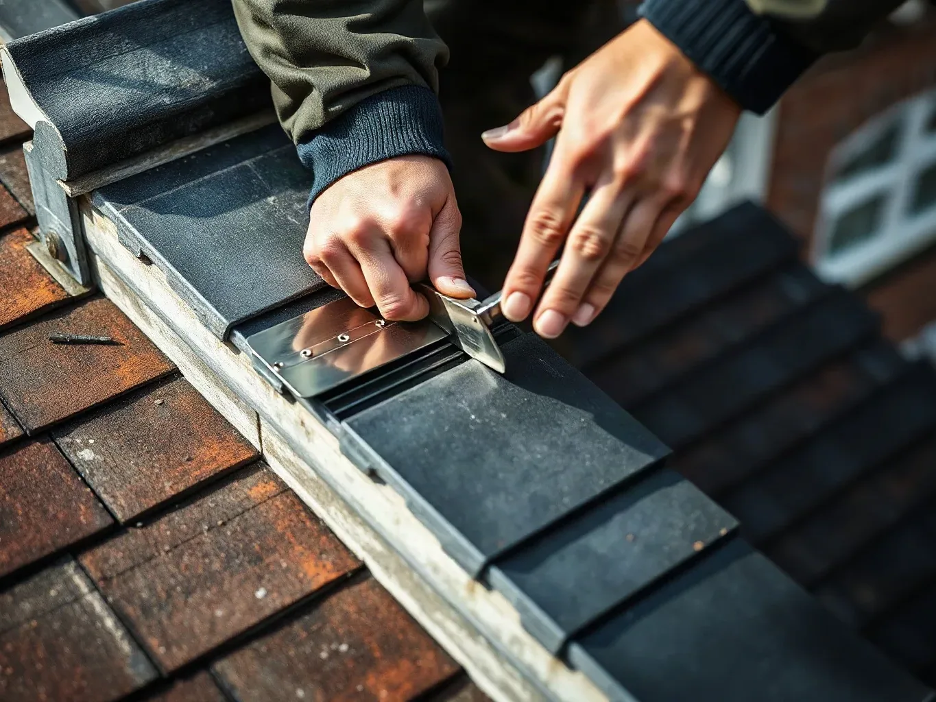 A person installs metal flashing along a ridge junction between old terracotta and dark slate roof tiles
