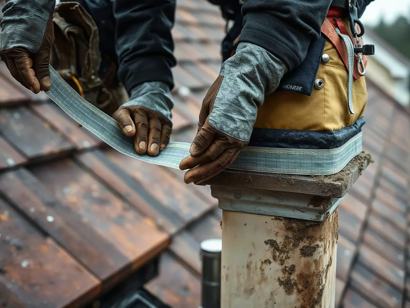 A roofer in a safety harness pressing a length of self-adhesive flashing tape firmly over a gap where lead flashing has lifted from a chimney stack base on a pitched residential roof in wet overcast conditions.