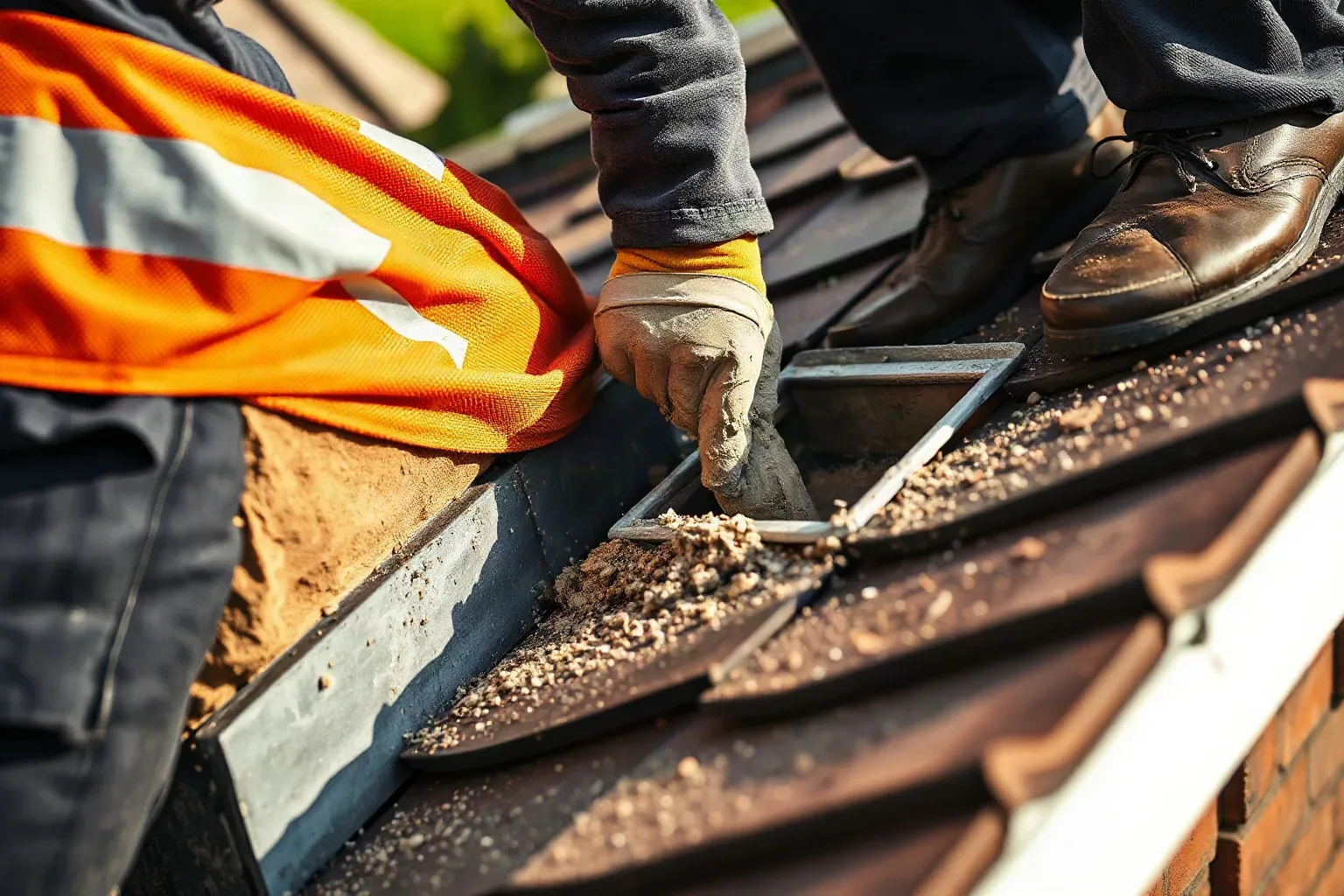 A worker in an orange hi-vis vest and yellow gloves applies mortar to roof tiles using a trowel, working alongside a chimney stack