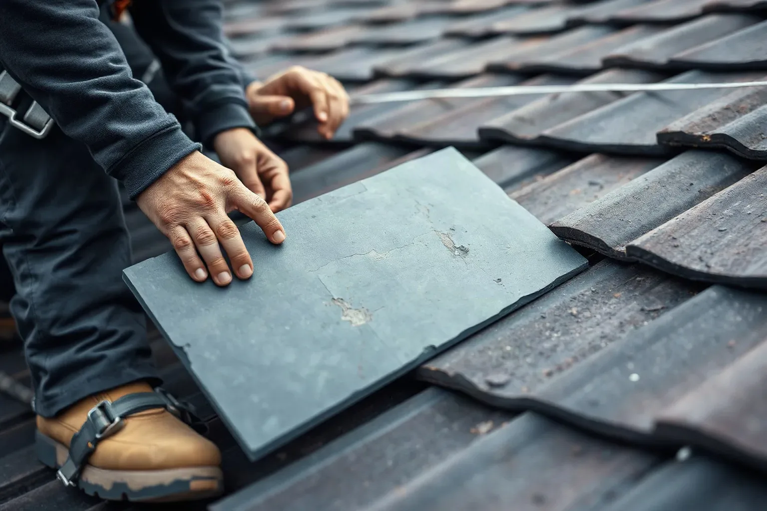A roofer in a safety harness kneeling on a pitched residential roof and holding a salvaged slate tile up against the surrounding weathered course to compare the blue-grey surface texture and confirm it meets the like-for-like replacement requirement.