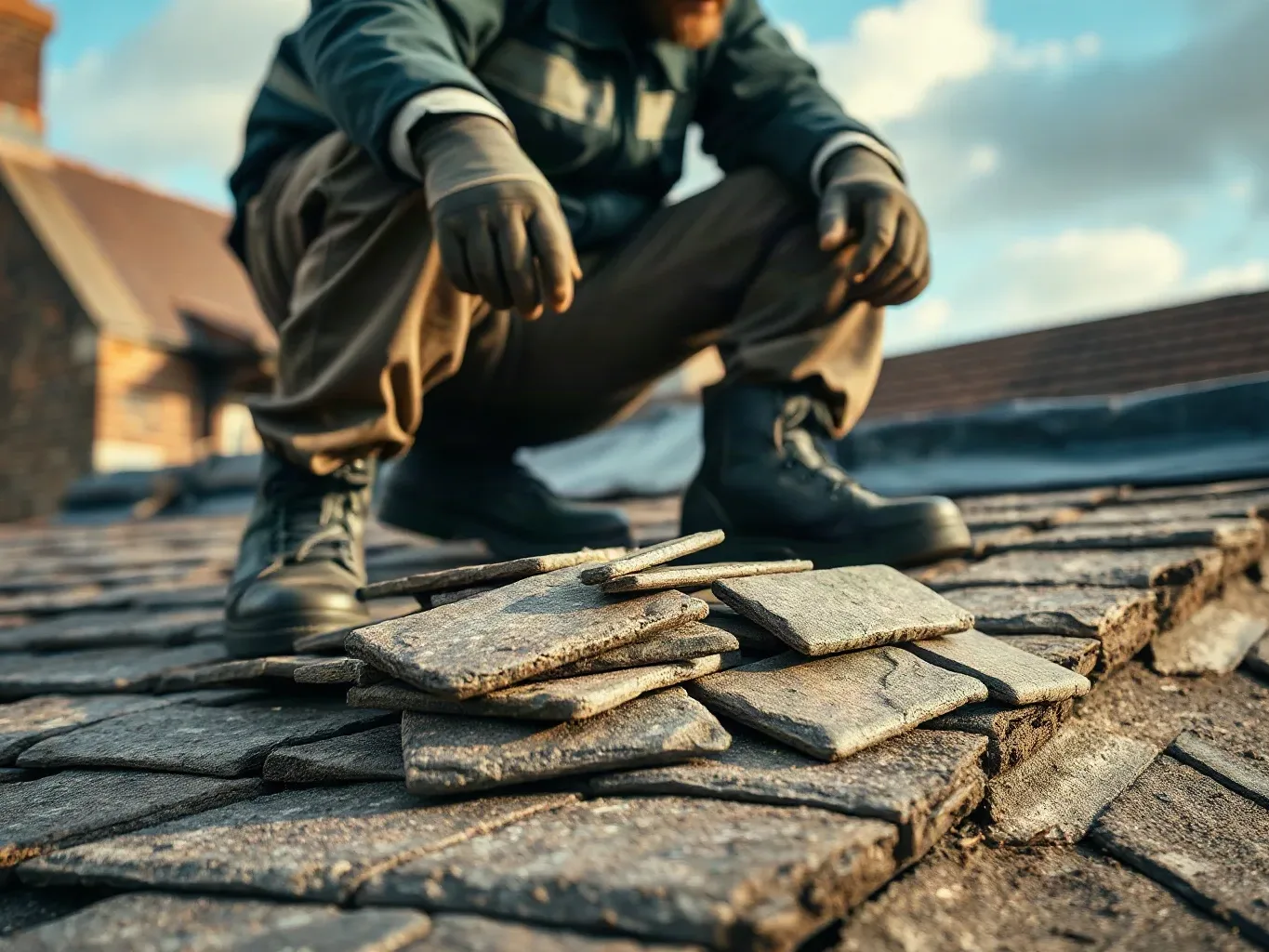 A roofer in full workwear crouching on a pitched residential roof and sorting through a small pile of reclaimed slates laid on the slope beside them, rejecting any with surface lamination or uneven gauge before selecting replacements for a heritage repair.
