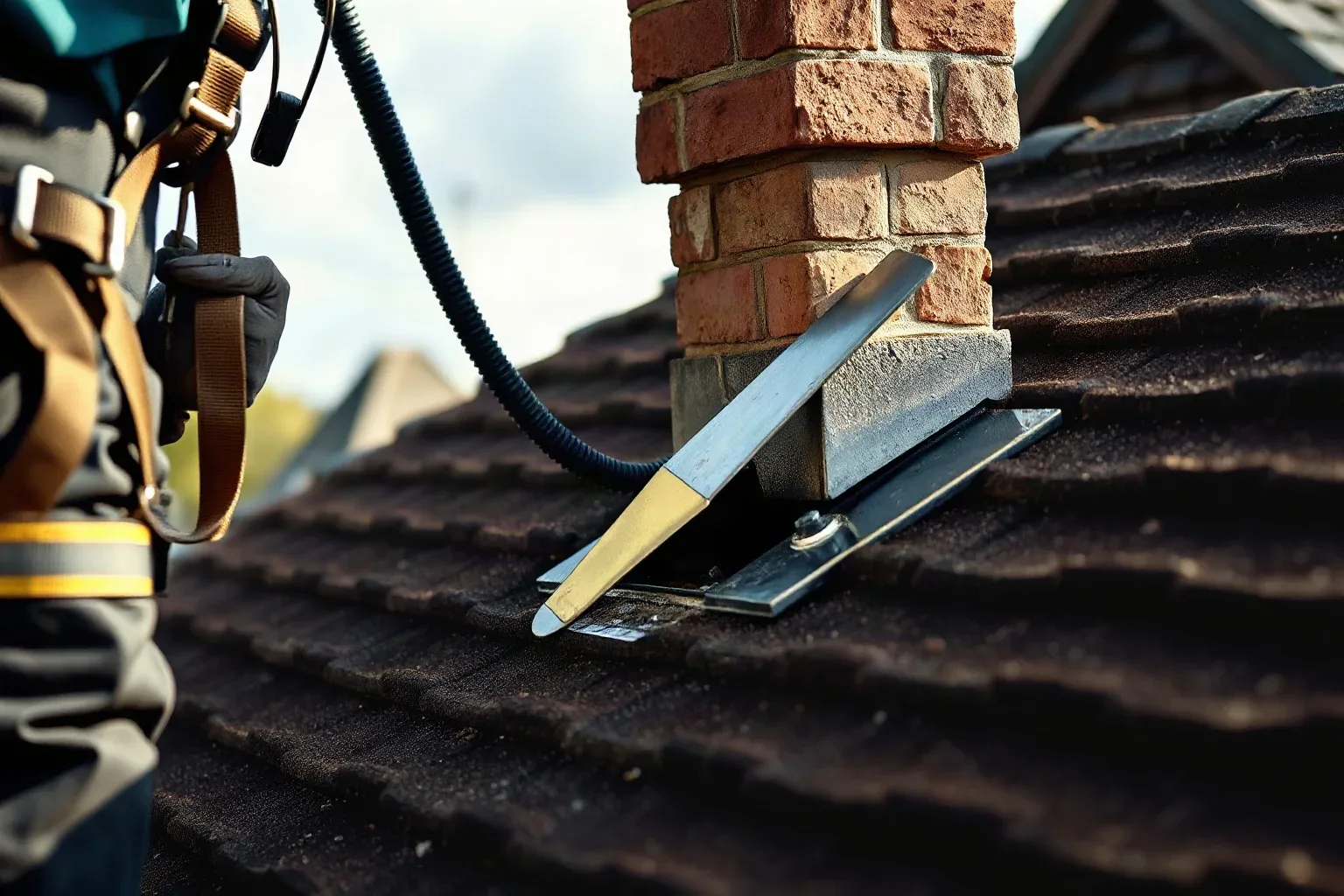 A roofer in a safety harness standing beside a chimney stack on a pitched residential roof and using a metal roofing trowel to carefully remove a small section of lead flashing to expose the chase beneath for a condition photograph during a pre-consent survey.