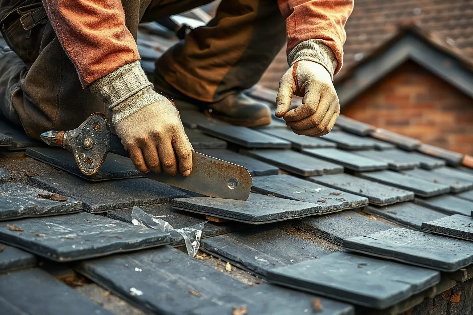 A roofer in full workwear kneeling on a pitched residential roof and using a slate ripper tool to free a delaminating historic slate from its course while taking care not to disturb the surrounding undamaged tiles during a carefully controlled heritage repair.