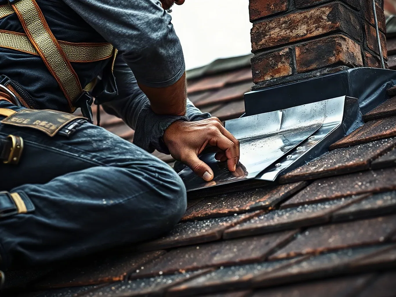 A roofer in a safety harness crouching beside a chimney stack on a pitched residential roof and pressing a strip of new lead flashing firmly into the freshly cut mortar chase while matching the profile of the original historic flashing detail.