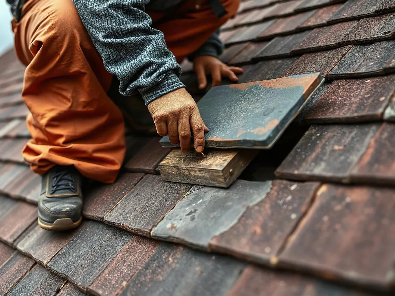 A roofer in full workwear crouching mid-slope on a pitched residential roof and nailing a reclaimed slate to the timber batten with a copper nail while the roofing felt underlayment is briefly visible in the open channel beside the new tile on a dull overcast day.