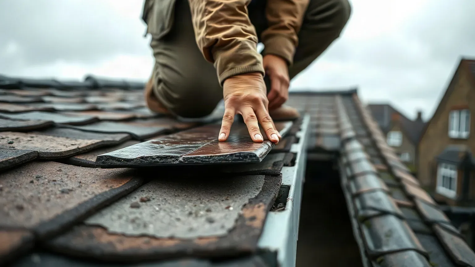 A roofer in full workwear crouching on a pitched residential roof and pressing a reclaimed slate tile firmly down onto a batten while roofing felt underlayment is visible in the open channel beside it on a damp overcast afternoon.