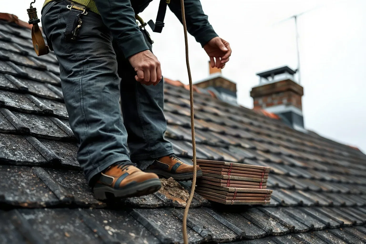 A roofer in a safety harness standing beside a chimney stack on a pitched residential roof and carefully examining the lead flashing at its base while resting one hand on a stack of reclaimed slate tiles beside a knee on a grey day.