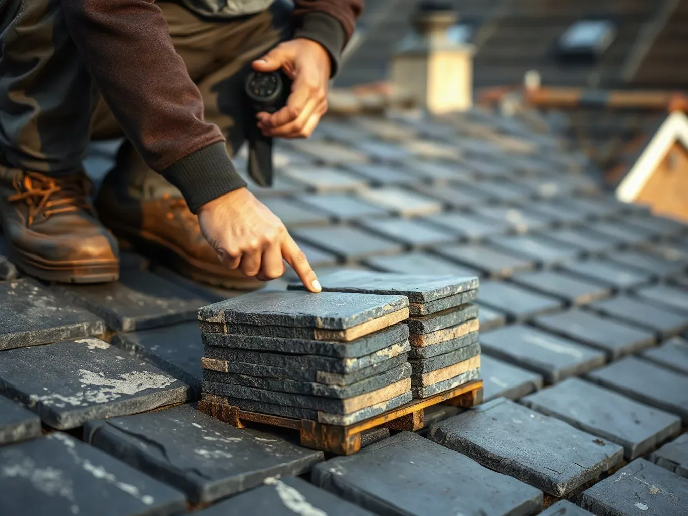 A roofer in full workwear crouching on a pitched residential roof and sorting through a small stack of reclaimed slate tiles, turning each one over to inspect its surface before selecting one to fit into a gap in the course.