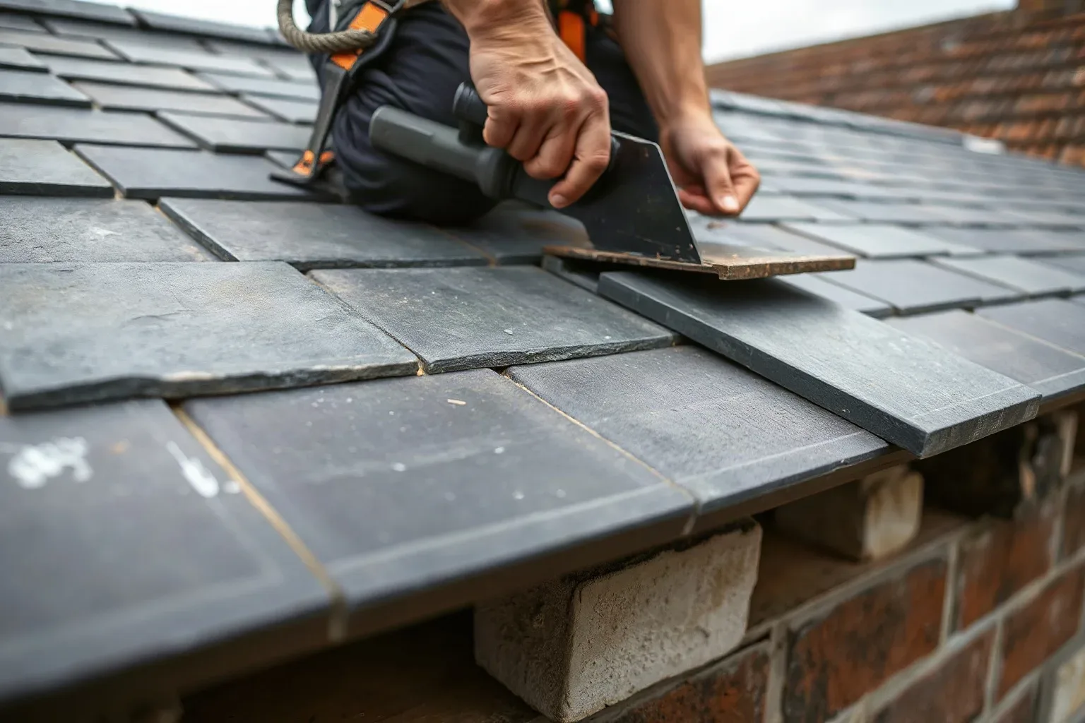 A roofer in a safety harness using a slate ripper tool to lift the edge of an existing slate tile on a pitched residential roof and expose the roofing felt underlayment beneath before fitting a reclaimed replacement alongside it on an overcast day.
