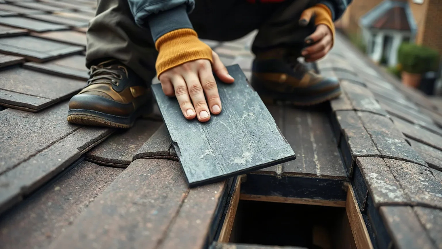 A roofer in full workwear crouching on a pitched residential roof and holding a reclaimed slate tile edge-on against the surface of the existing course to compare thickness and profile while the roofing felt underlayment is partially visible in a nearby open channel.