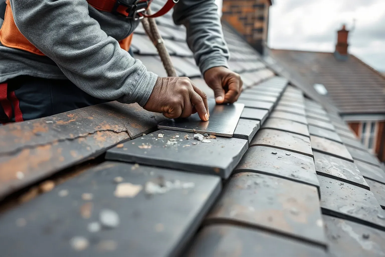 A roofer in a safety harness methodically tapping along a course of slate tiles on a pitched residential roof with the flat of a metal roofing trowel to identify hollow-sounding ones that need replacing on a cloudy grey afternoon.