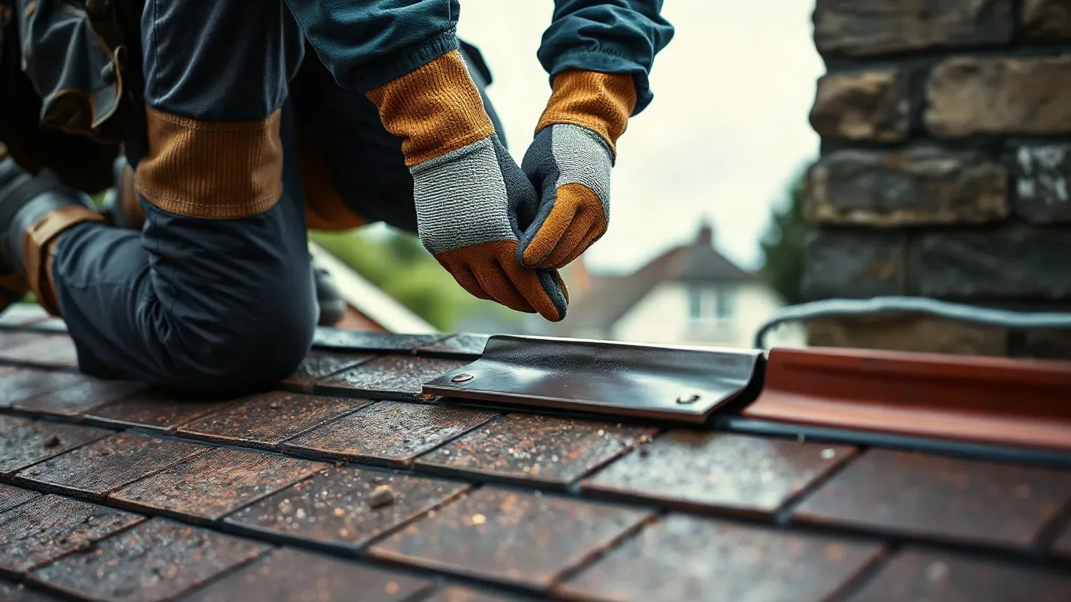 A roofer in full workwear kneeling on a pitched residential roof and pressing the apron of a lead flashing strip flat against the base of a chimney stack with both gloved hands on a damp overcast afternoon.