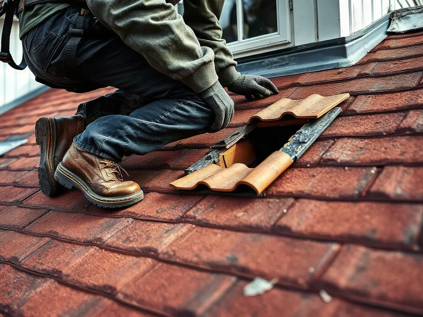 A roofer in a safety harness crouching on a pitched residential roof beside a dormer wall and easing a slipped clay tile upward to expose the step flashing piece beneath while examining its condition.