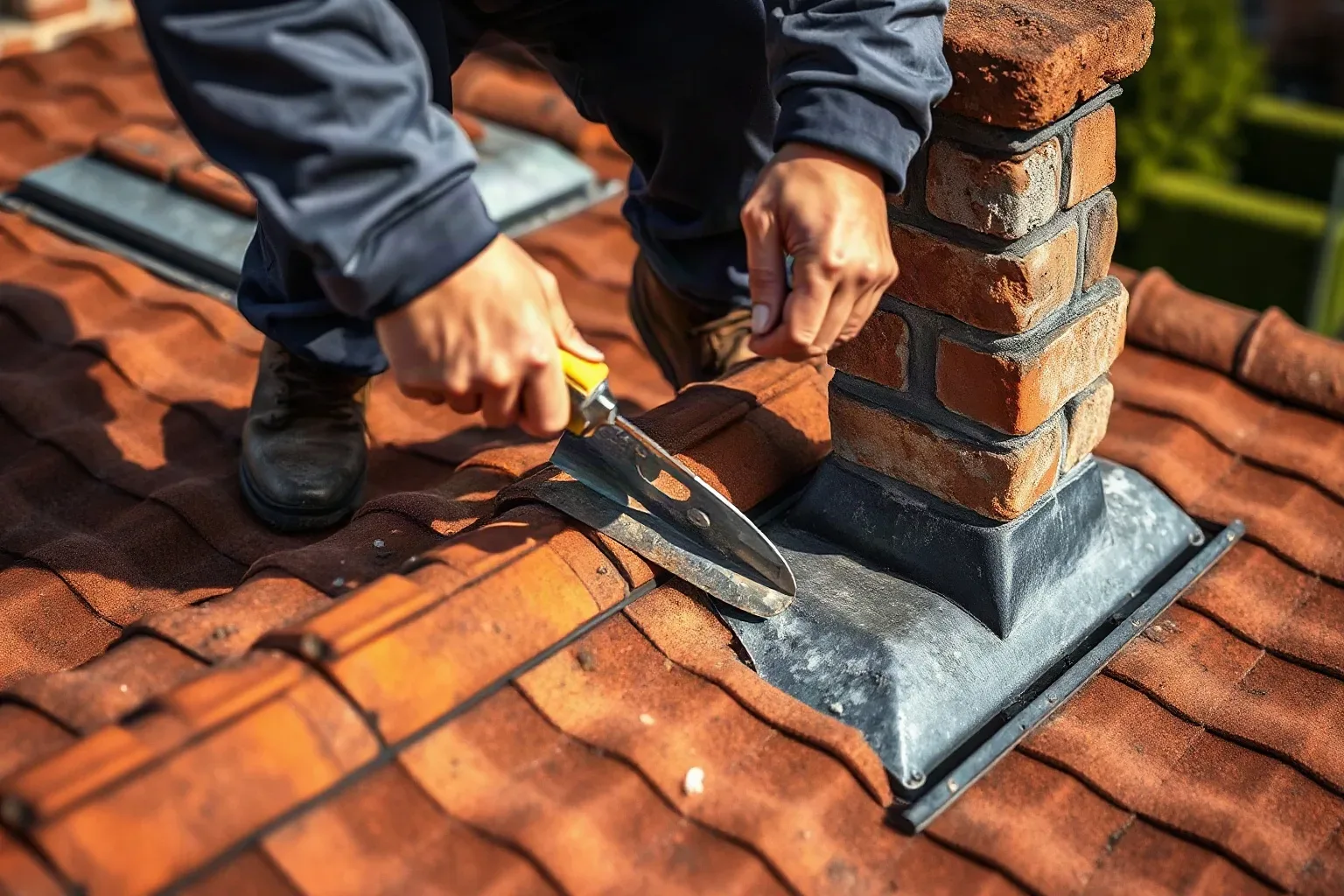 A roofer in full workwear standing on a pitched residential roof and using a metal roofing trowel to cut a fresh mortar chase into the masonry of a chimney stack ready to receive a new lead flashing strip.