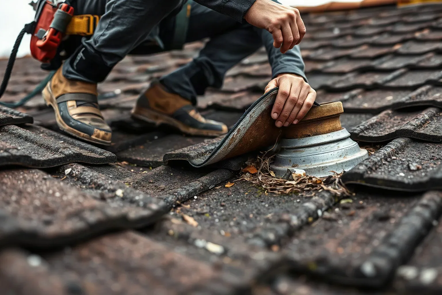A roofer in a safety harness crouching low on a pitched residential roof and peeling back the edge of an old lead flashing strip from a chimney stack base to reveal the corroded section beneath on a grey overcast day.