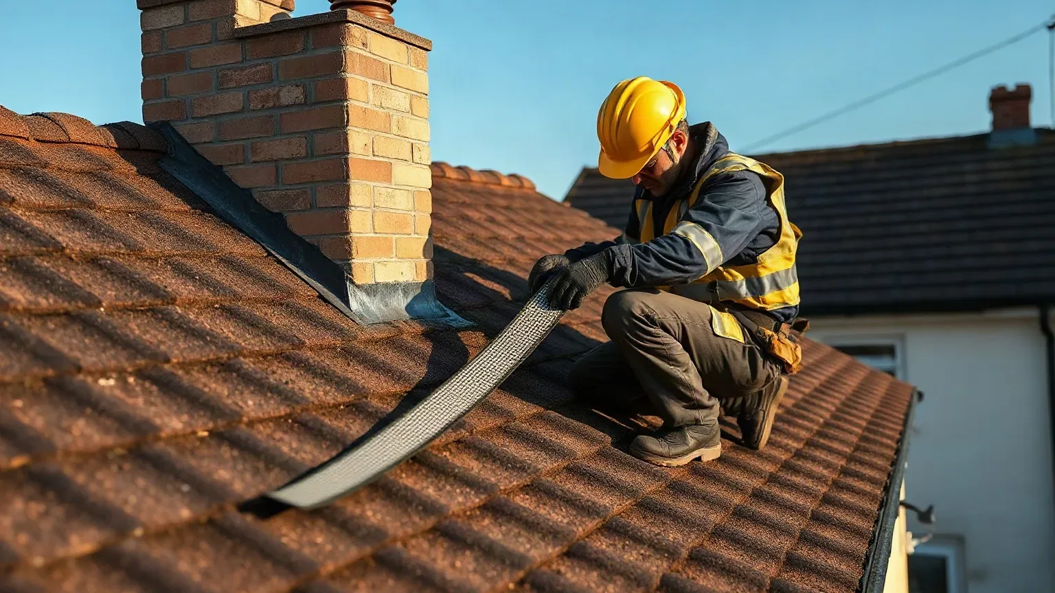 A roofer in full workwear kneeling beside a chimney stack on a pitched residential roof and unrolling a fresh length of lead flashing along the slope while the roofing felt underlayment is visible beneath the adjacent lifted clay tiles.