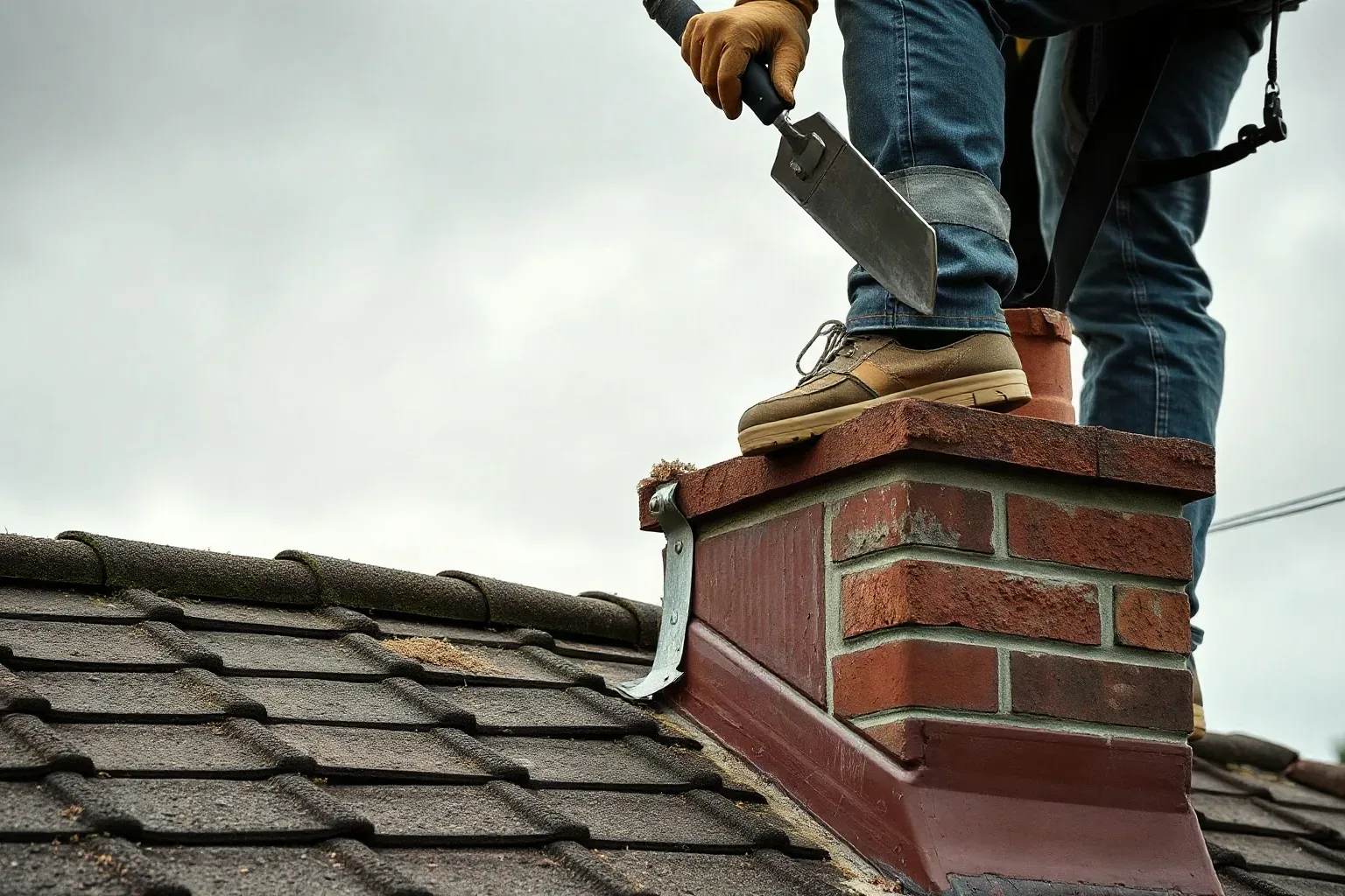 A roofer in a safety harness using a metal roofing trowel to press mortar firmly over the top edge of a lead flashing strip where it enters the chimney stack chase on a pitched residential roof under a heavy grey sky.