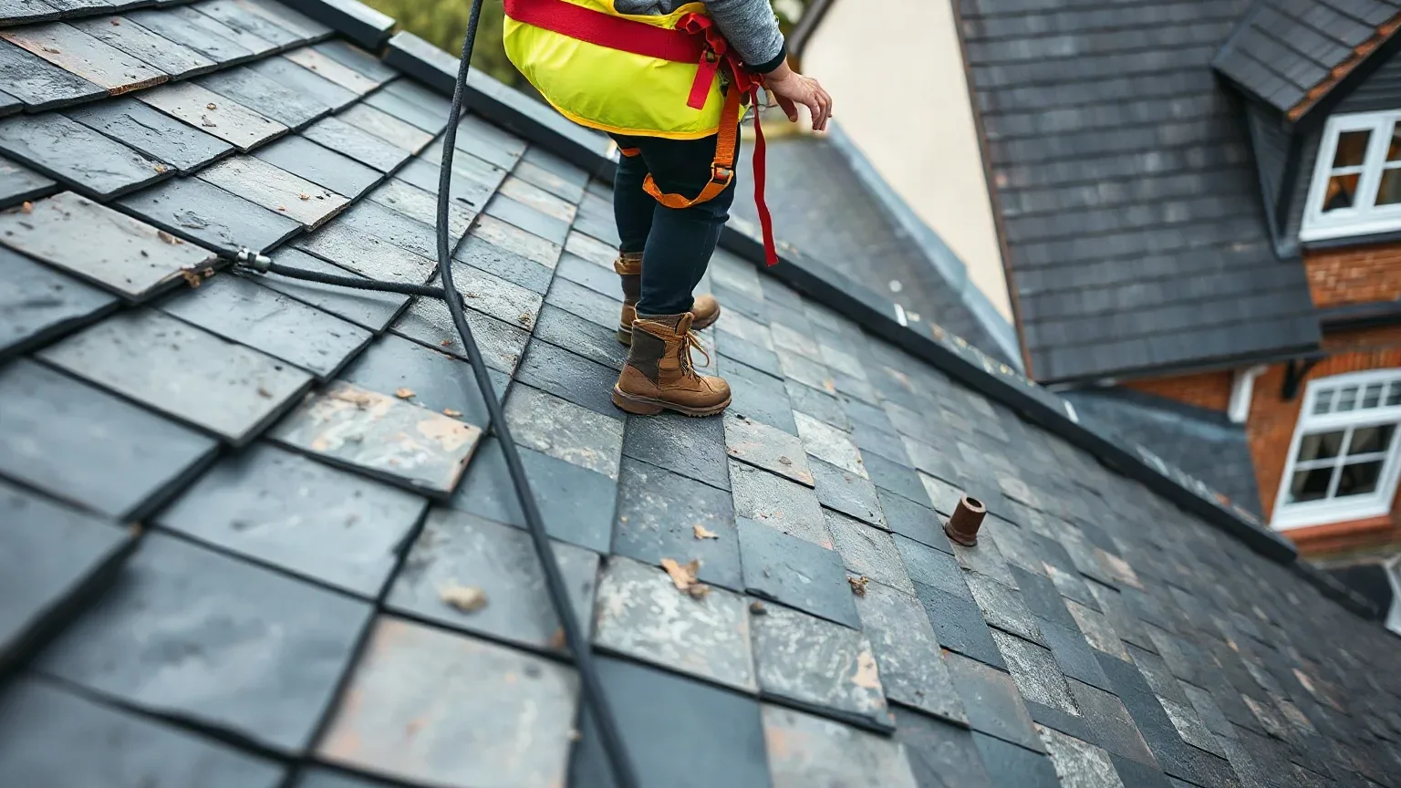 A roofer in a safety harness standing at the ridge of a steeply pitched residential roof and looking down the full length of the slate-covered slope to assess the condition of the tile courses from above.
