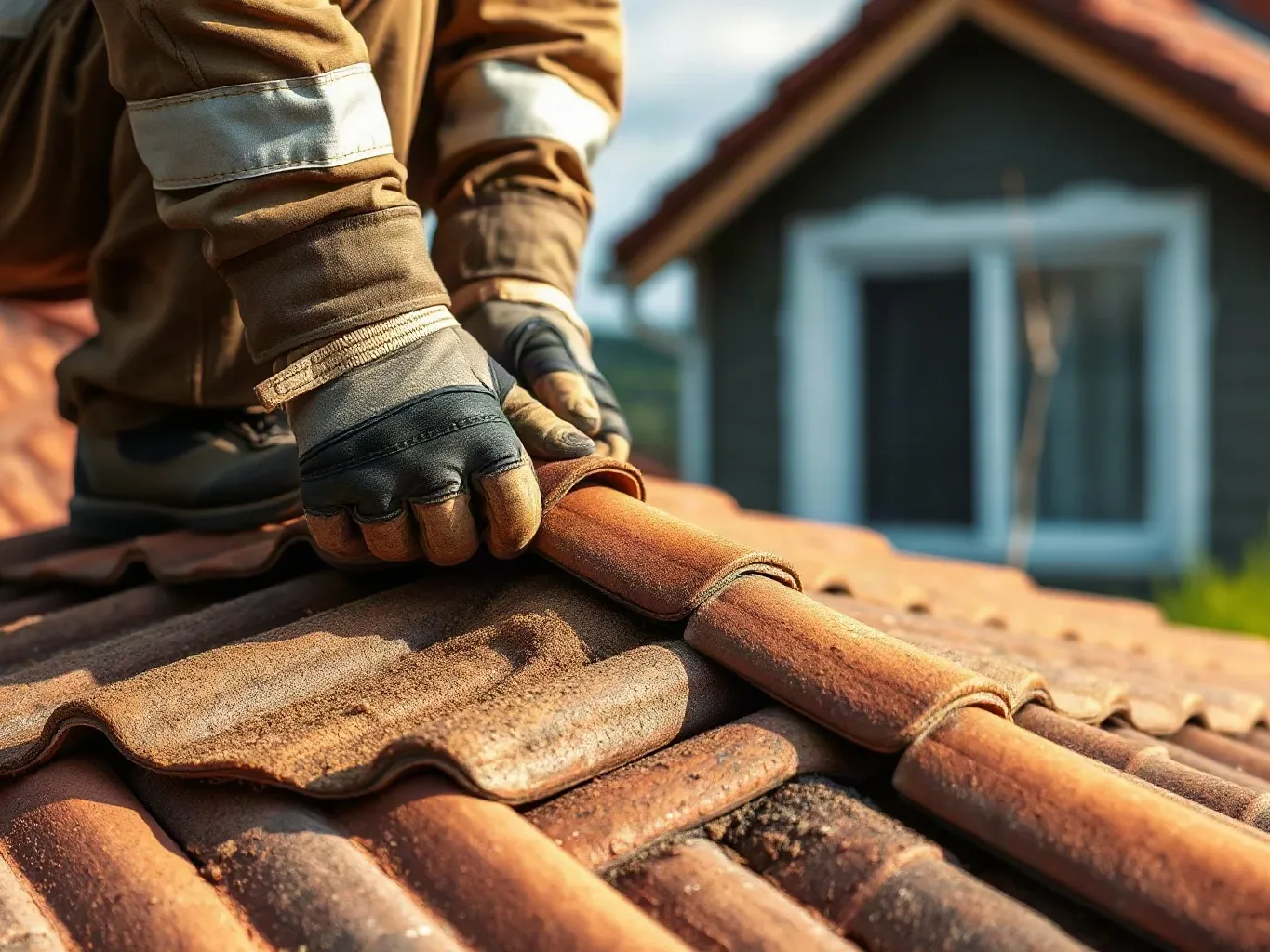 A roofer in full workwear crouching near the top of a pitched residential roof and carefully lifting the corner of a clay tile to probe the roofing felt underlayment beneath for signs of moisture damage during an inspection visit.