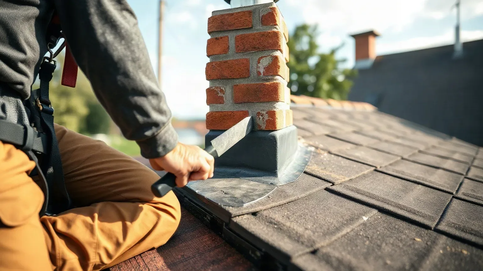 A roofer in a safety harness kneeling beside a chimney stack on a pitched residential roof and examining the mortar joints of the lead flashing base with a metal roofing trowel during a thorough condition survey.