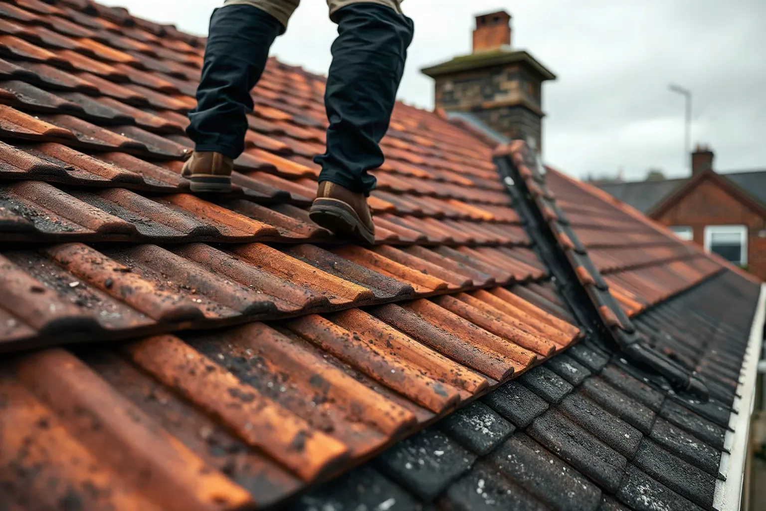 A roofer in full workwear standing upright at the apex of a pitched residential roof and systematically scanning the full width of the clay tile courses on both slopes for visible defects on a dull overcast day.