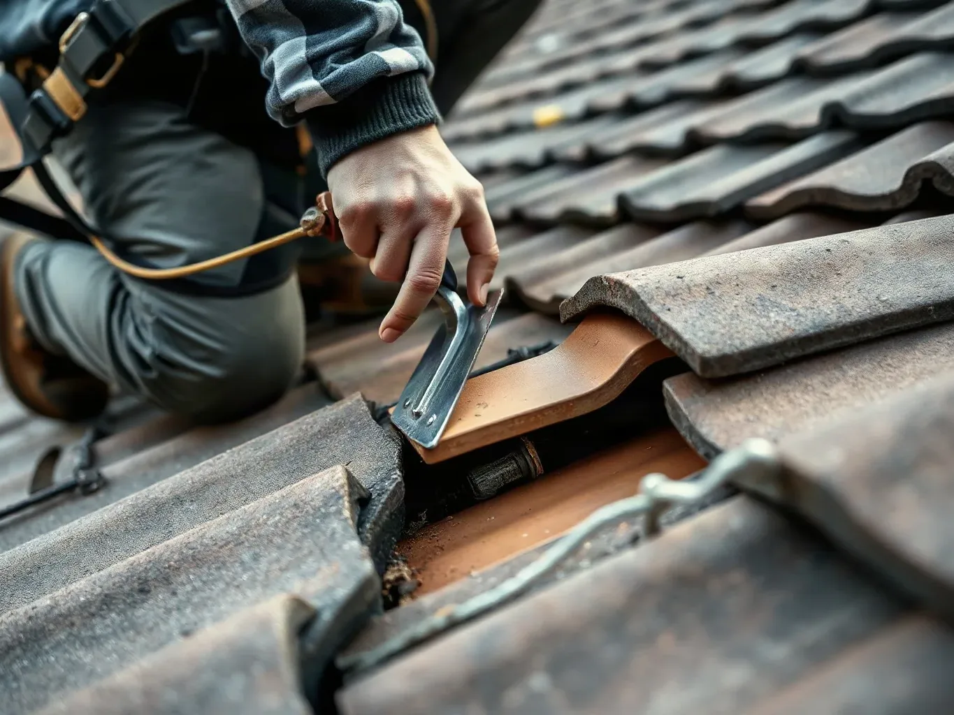 A roofer in a safety harness crouching at the hip line of a pitched residential roof and using a metal roofing trowel to probe the mortar bedding beneath a clay hip tile that has shifted slightly out of alignment.