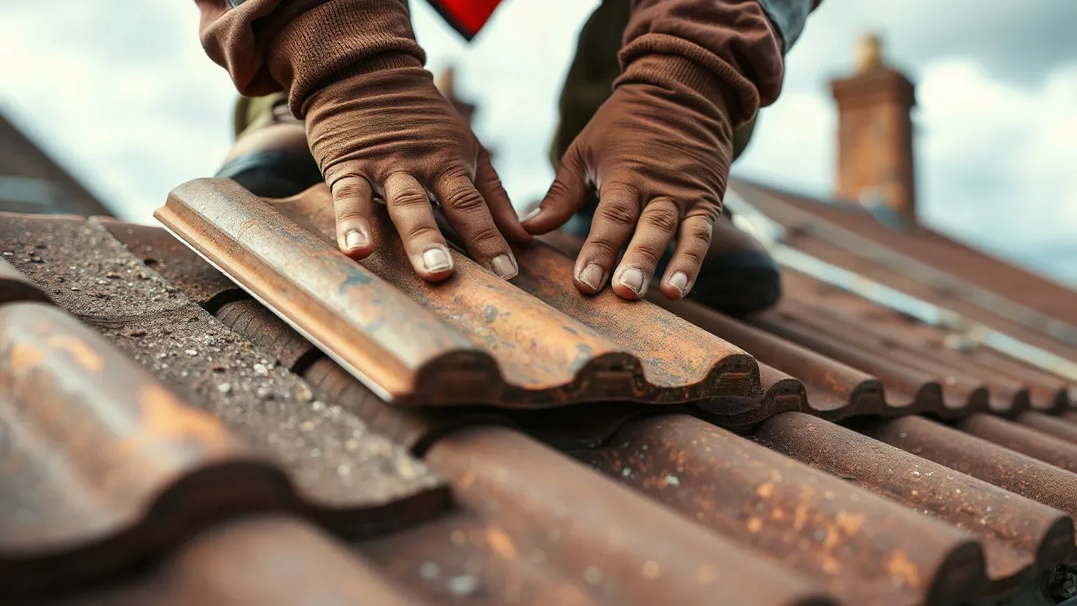 A roofer in full workwear pressing both palms flat against a clay tile on a pitched residential roof to test whether its fixing has corroded and the tile moves under hand pressure during a scheduled maintenance inspection.