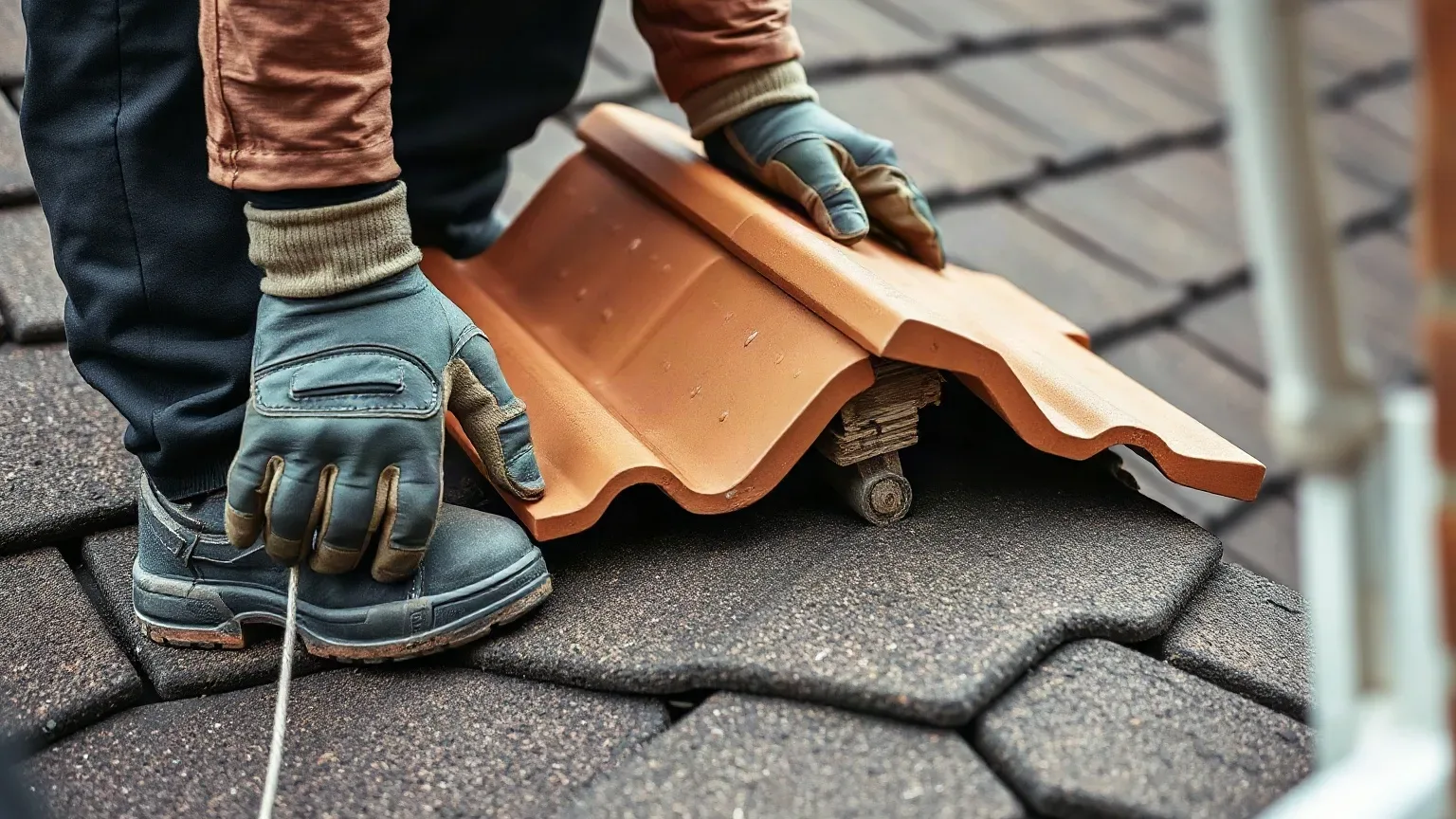 A roofer in full workwear at the eaves of a pitched residential roof lifting a clay tile to expose the roofing felt underlayment beneath and examining it for signs of batten rot before quoting a repair.