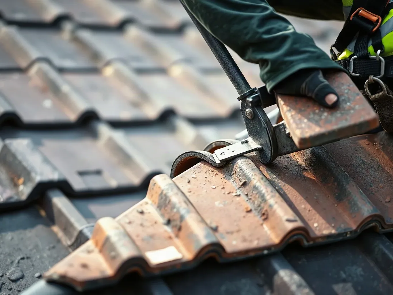 A roofer in a safety harness using a slate ripper tool to extract a split clay tile from a mid-slope course on a pitched residential roof while the surrounding tiles remain in place.