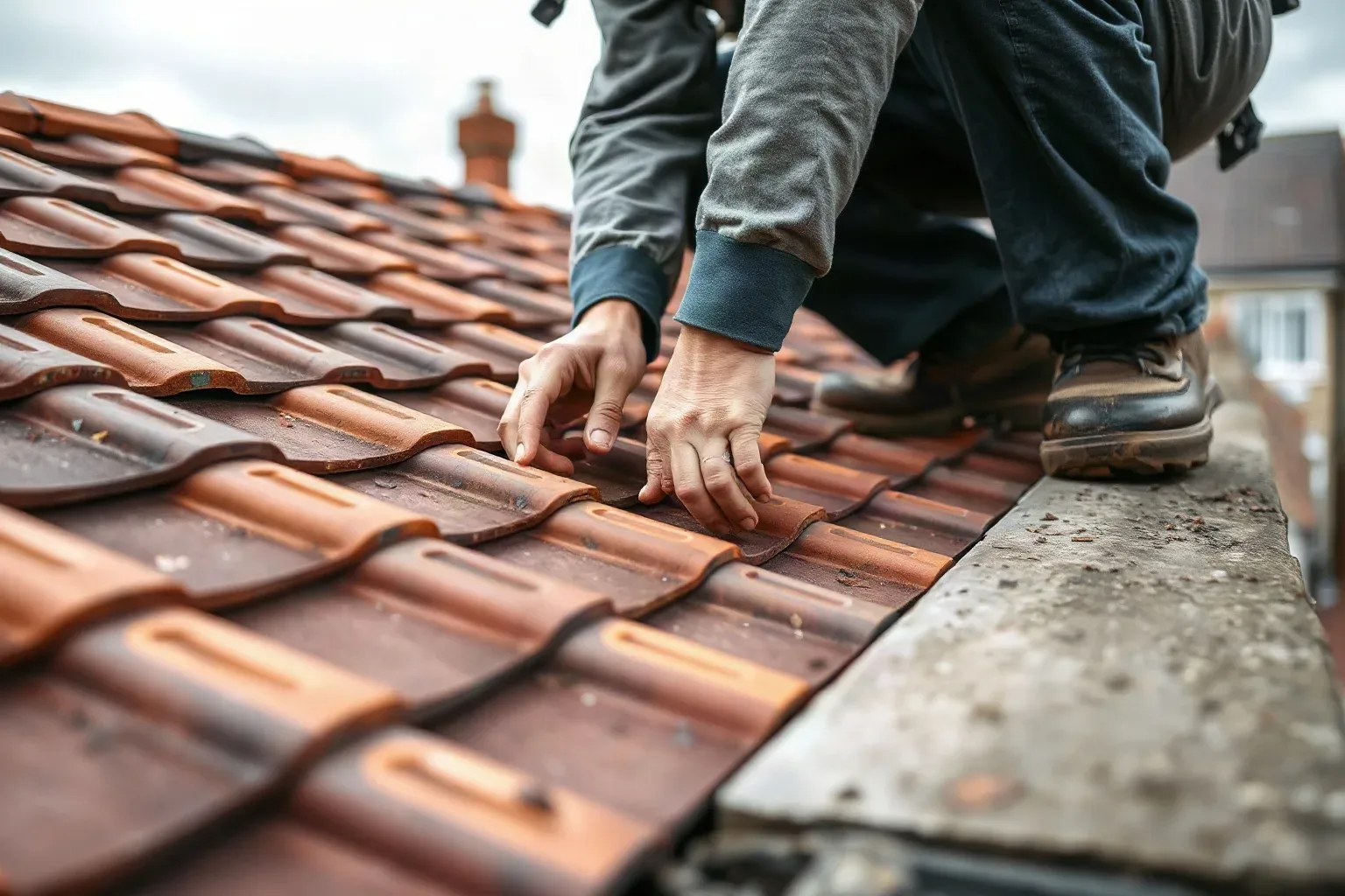 A roofer in workwear crouching on a pitched residential roof and methodically pressing each clay tile in turn across a course to locate a hollow-sounding loose one during an inspection survey.