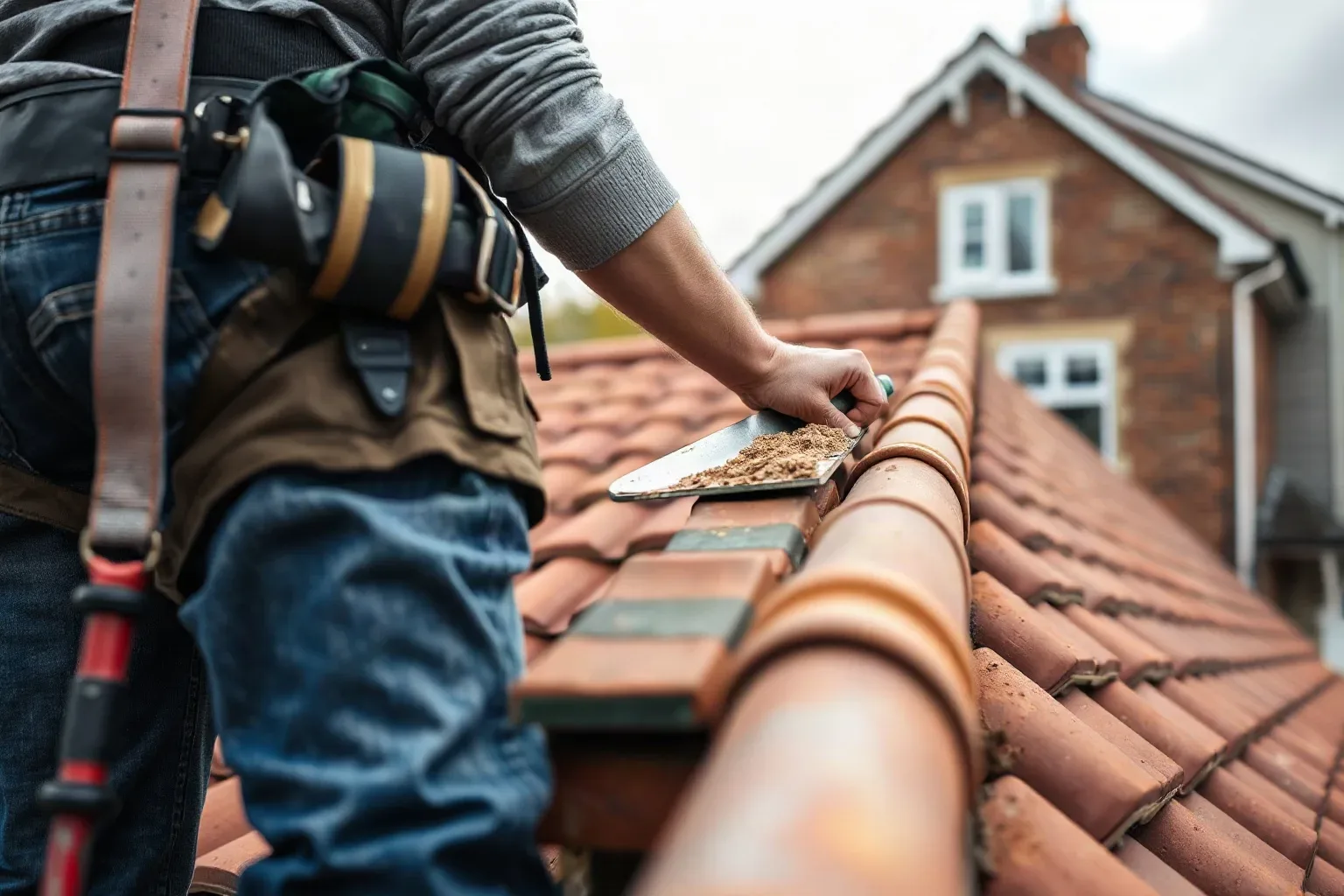 A roofer in a safety harness standing near the ridge of a pitched residential roof and using a metal roofing trowel to spread mortar across a batten in preparation for laying a new course of clay tiles.