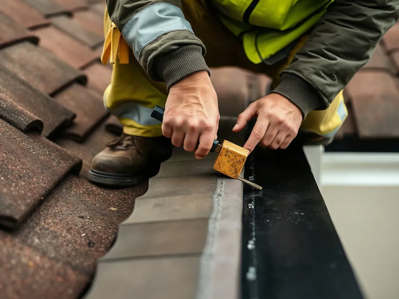 A roofer in full workwear crouching on a flat dormer roof extension and running a slate ripper tool along the edge of a felt underlayment sheet to trim the excess before bonding the membrane to the upstand.
