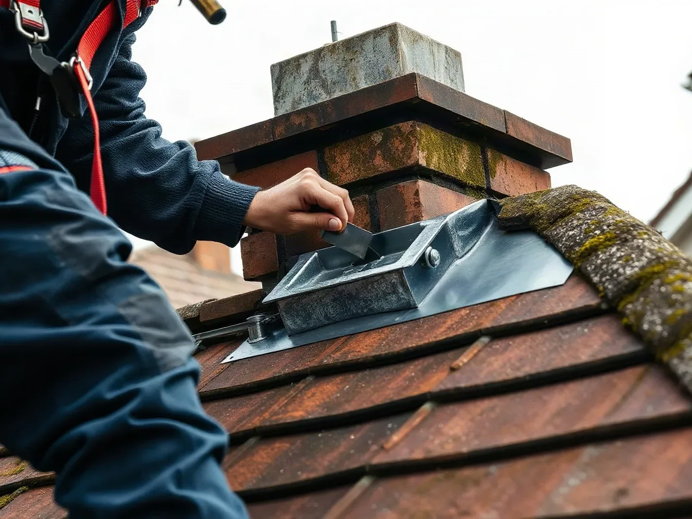 A roofer in a safety harness inspecting the lead flashing around a chimney stack on a pitched residential roof, pressing the metal strip firmly against the masonry with a roofing trowel to check its seal.
