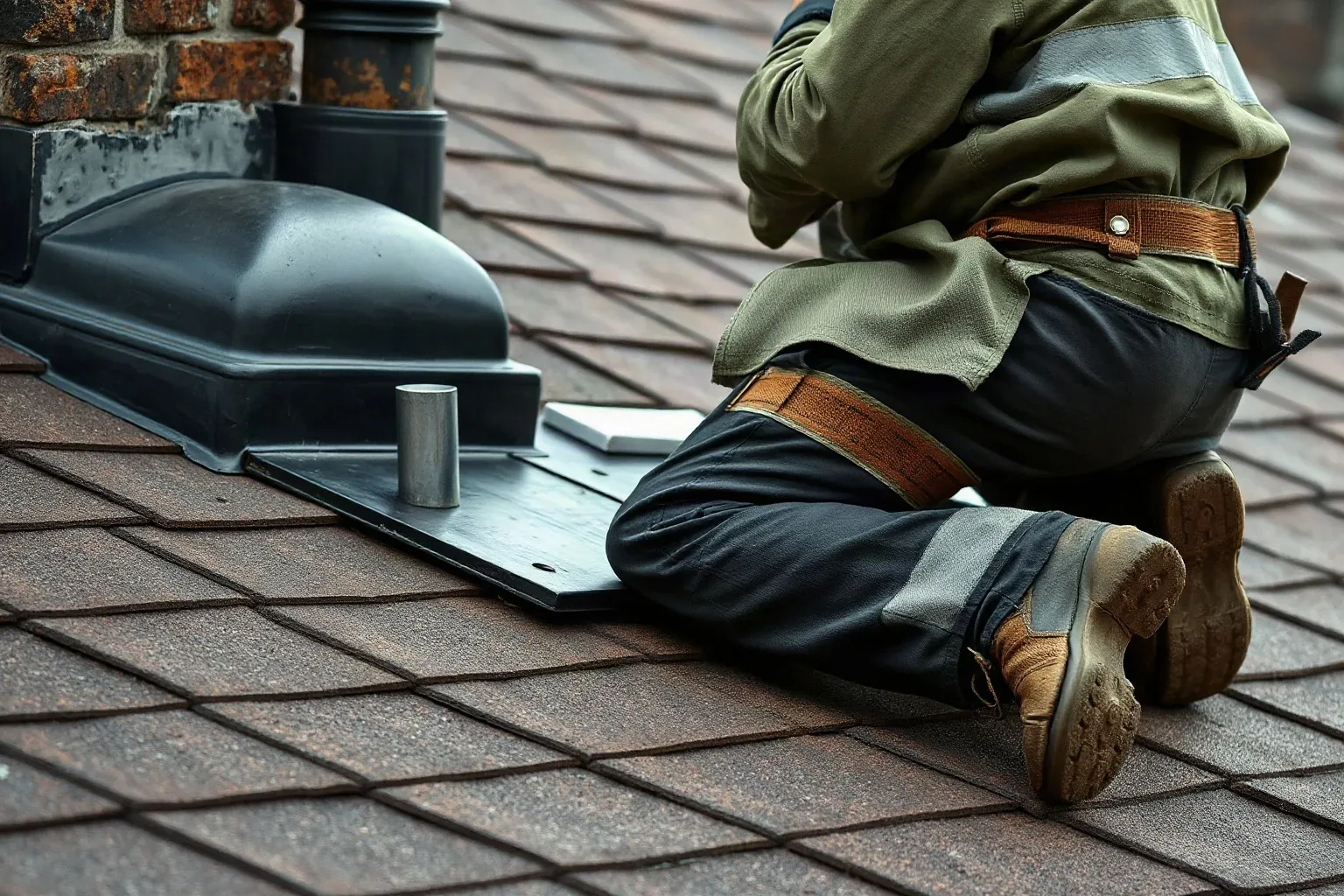 A roofer in full workwear kneeling on a pitched residential roof beside a chimney stack and examining the lead flashing at its base for evidence of sudden storm separation versus long-term gradual wear.