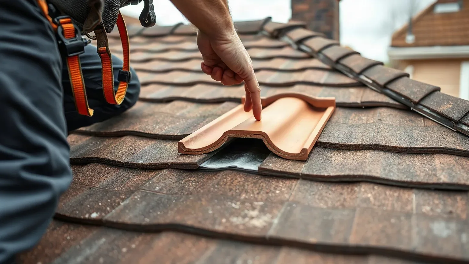 A roofer in a safety harness pointing toward a split section of roofing felt underlayment visible beneath a lifted clay tile on a pitched residential roof while documenting the damage on a grey overcast day.