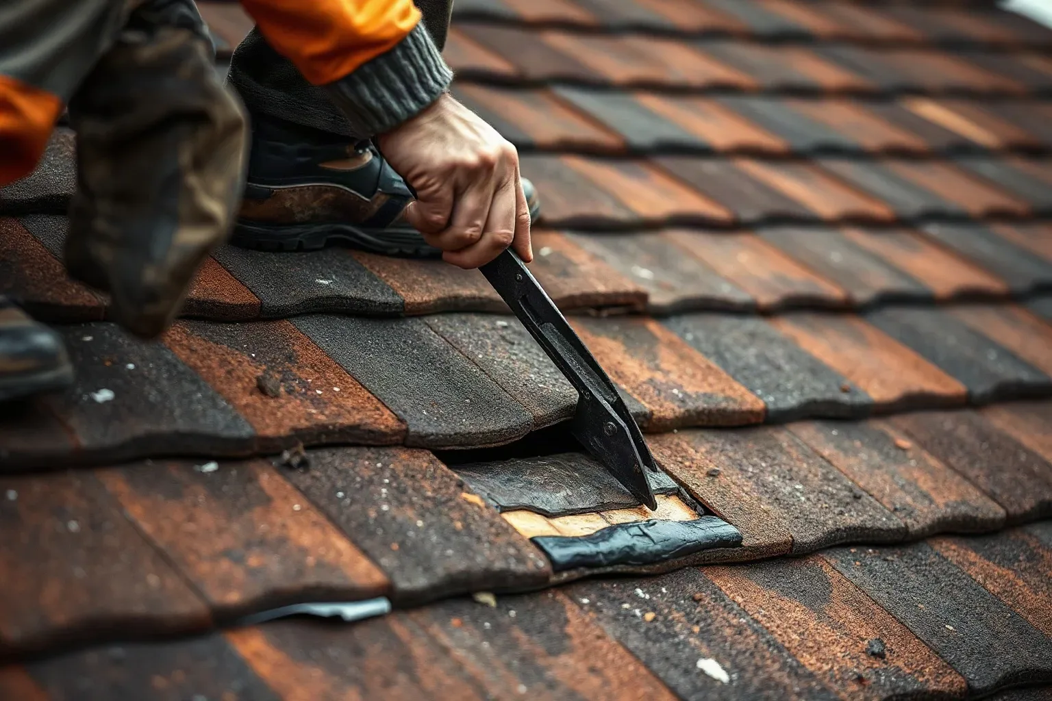 A roofer in workwear using a slate ripper tool to extract a storm-cracked clay tile from a pitched residential roof, exposing the roofing felt underlayment beneath for a formal damage assessment.