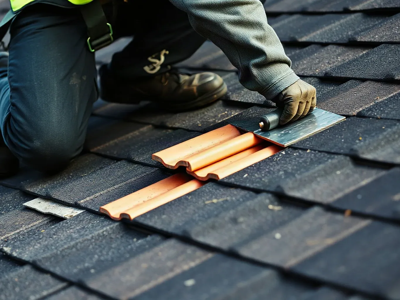 A roofer in a safety harness crouching at the hip of a pitched residential roof and pressing a replacement clay tile carefully into a single gap left by a storm-displaced tile, smoothing mortar with a trowel.