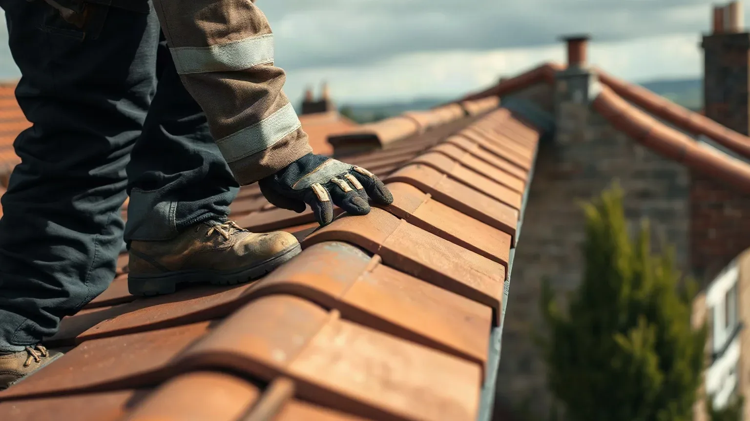A roofer in full workwear standing on a pitched residential roof and running a gloved hand along the course of clay tiles above the eaves to check for loose or displaced tiles that may not be visible from ground level.
