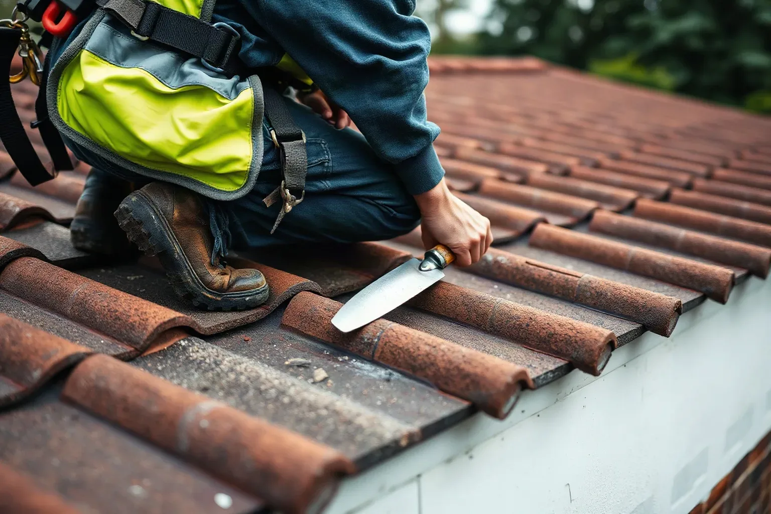 A roofer in a safety harness crouching near the ridge of a pitched residential roof and applying fresh mortar with a metal roofing trowel around the base of a clay ridge tile that has been lifted and reset after storm damage.