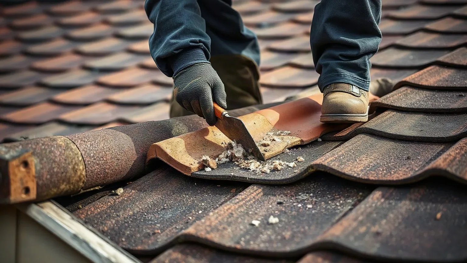 A roofer in full workwear bracing themselves carefully on a steeply pitched residential roof and using a metal roofing trowel to chip away deteriorated mortar from beneath a displaced clay ridge tile before assessing replacement options.