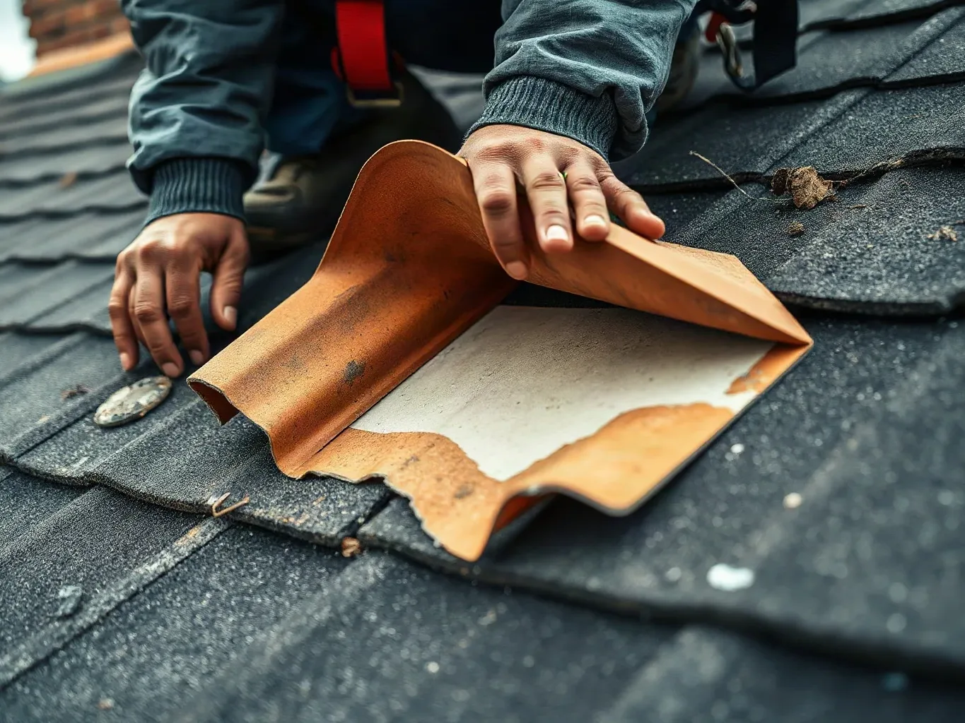 A roofer in a safety harness crouching on a pitched residential roof and peeling back a section of roofing felt underlayment beneath a removed clay tile to examine the condition of the timber sarking board beneath.